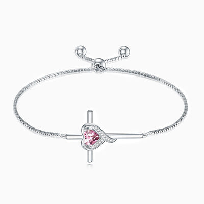 December Birthstone Heart Inlaid Cross Silver Bracelet