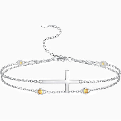 December Birthstone Cross Double Chain Stacking Bracelet