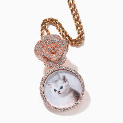 Photo Custom Round Frame Rose Diamond Necklace