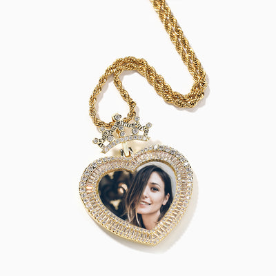 Photo Customized Crown Heart Shaped Diamond Necklace