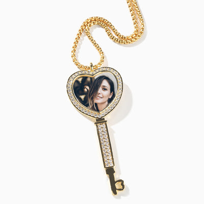 Photo Customized Heart Key Shape Diamond Necklace