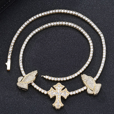 Fashion Cross Praying Hands Zircon Necklace