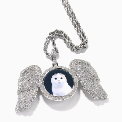 Photo Customized Round Angel Wings Diamond Necklace