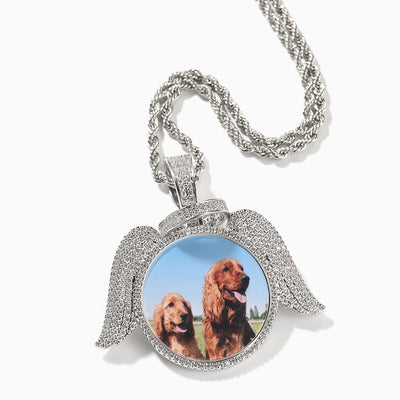 Photo Customized Angel Wings Round Frame Necklace