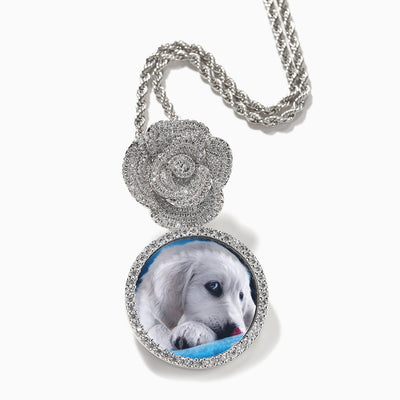 Photo Custom Round Frame Rose Diamond Necklace