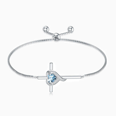 December Birthstone Heart Inlaid Cross Silver Bracelet