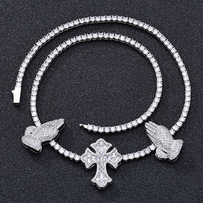 Fashion Cross Praying Hands Zircon Necklace
