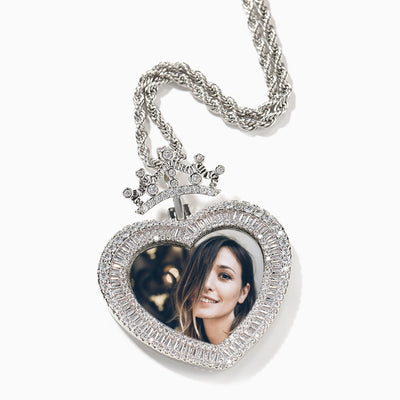 Photo Customized Crown Heart Shaped Diamond Necklace
