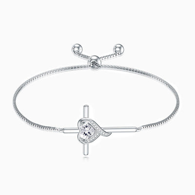 December Birthstone Heart Inlaid Cross Silver Bracelet