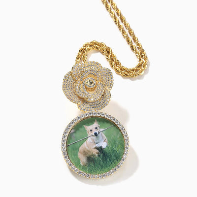 Photo Custom Round Frame Rose Diamond Necklace