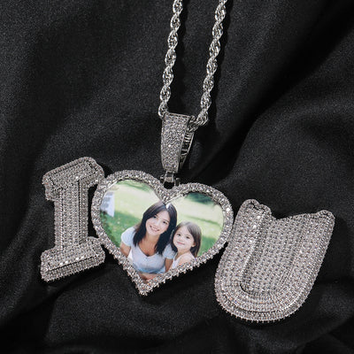Photo Customized I_Love_U Shape Photo Frame Pave Necklace
