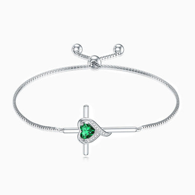 December Birthstone Heart Inlaid Cross Silver Bracelet