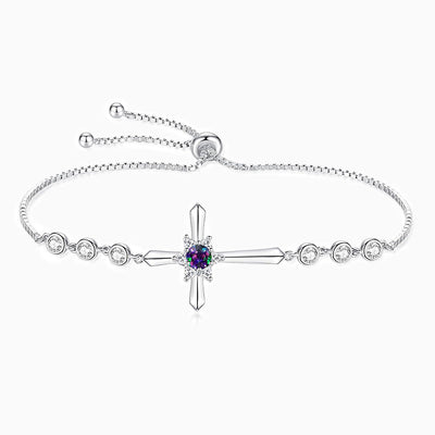 December Birthstone Star Inlaid Cross Silver Bracelet