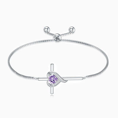 December Birthstone Heart Inlaid Cross Silver Bracelet