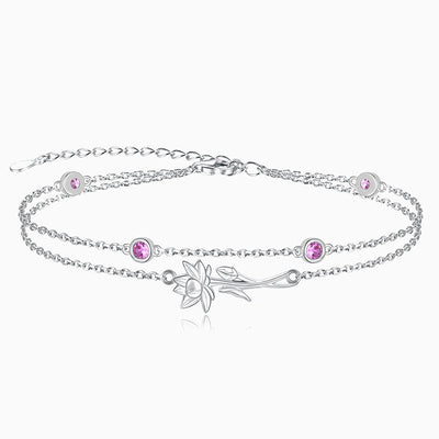 December Birthstone Double Silver Bracelet With Rose Pendant